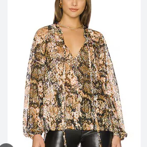 Free People Womens Out For The Night Snake Print Blouse M Semi-Sheer Boho - Picture 1 of 8
